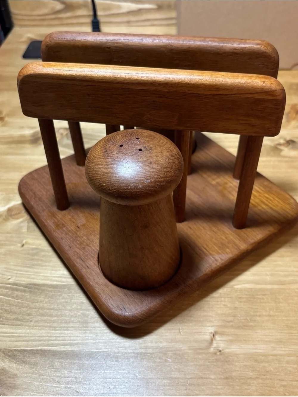 Vintage Teak Napkin Holder with Salt Shaker & Pepper Mill